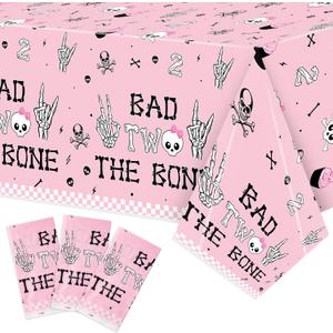 K1tpde 3PCS Bad Two The Bone Party Tablecloth for Girls, Music Themed 2nd Pink Plastic Tablecloth, Rock and Roll 2nd Disposable Table Covers for Birthday Decoration, Bad To The Skeleton Party Supplies, 86.6 inches x 51.2 inches