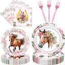 Horse Birthday Party Supplies Tableware - 96 Pcs Cowgirl Birthday Party Decorations, Horse Themed Party Paper Plates and Napkins Sets with Forks, Western Baby Shower Disposable Dinnerware, Serves 24