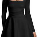 XXTAXN Women‘s Sexy Lace Sweetheart Neck Long Sleeve Corest Ruched Waist Flowy Mini Dress, XL