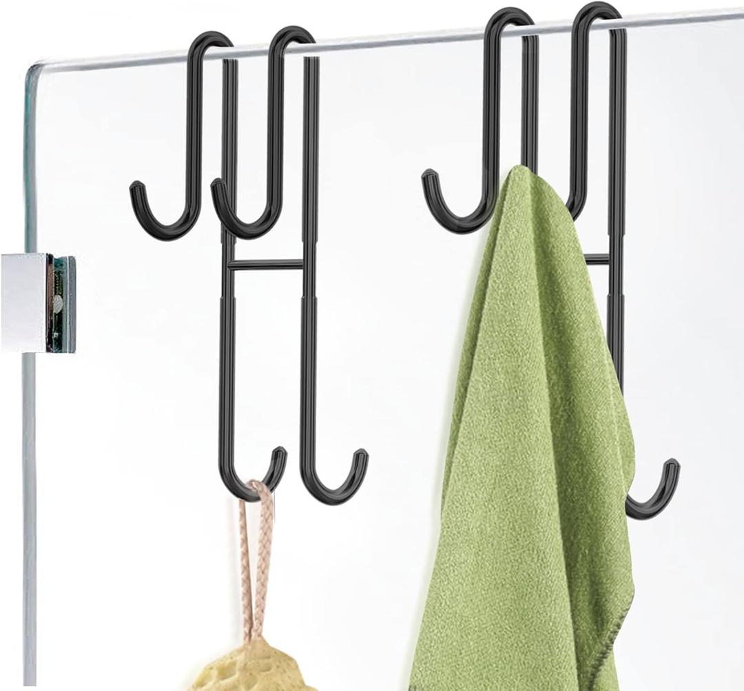 Cerbonny Shower Door Hooks, 2 Pack Double Towel Hooks for Bathroom Frameless Glass Shower Door, Heavy Duty Stainless Steel Bathroom Hanger Without PerforationBlack (7in)
