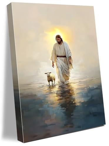 Jesus Walking on Water Canvas Wall Art with Lamb Jesus Picture for Wall Christian Painting Poster for Living Room Bedroom Dining Room Church Decor 16 * 24 IN(Stretched Canvas on A Wooden Frame)