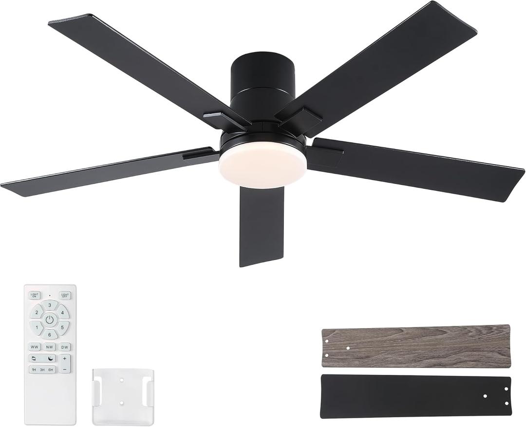 Rayqueen 52 Inch Ceiling Fans with Lights and Remote,Flush Mount Black Ceiling Fan,6 Speed Reversible DC Motor,3CCT Dimmable LED-Low Profile Design for Bedroom, Living room & Covered Outdoor