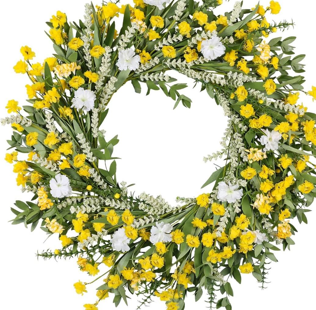 26" Spring Wreaths for Front Door Artificial Floral Wreath with Wildflowers Portulaca CHEAWRTZ Summer Easter Decorations for Indoor Outdoor Window Wall Farmhouse Porch Home Decor Yellow and White