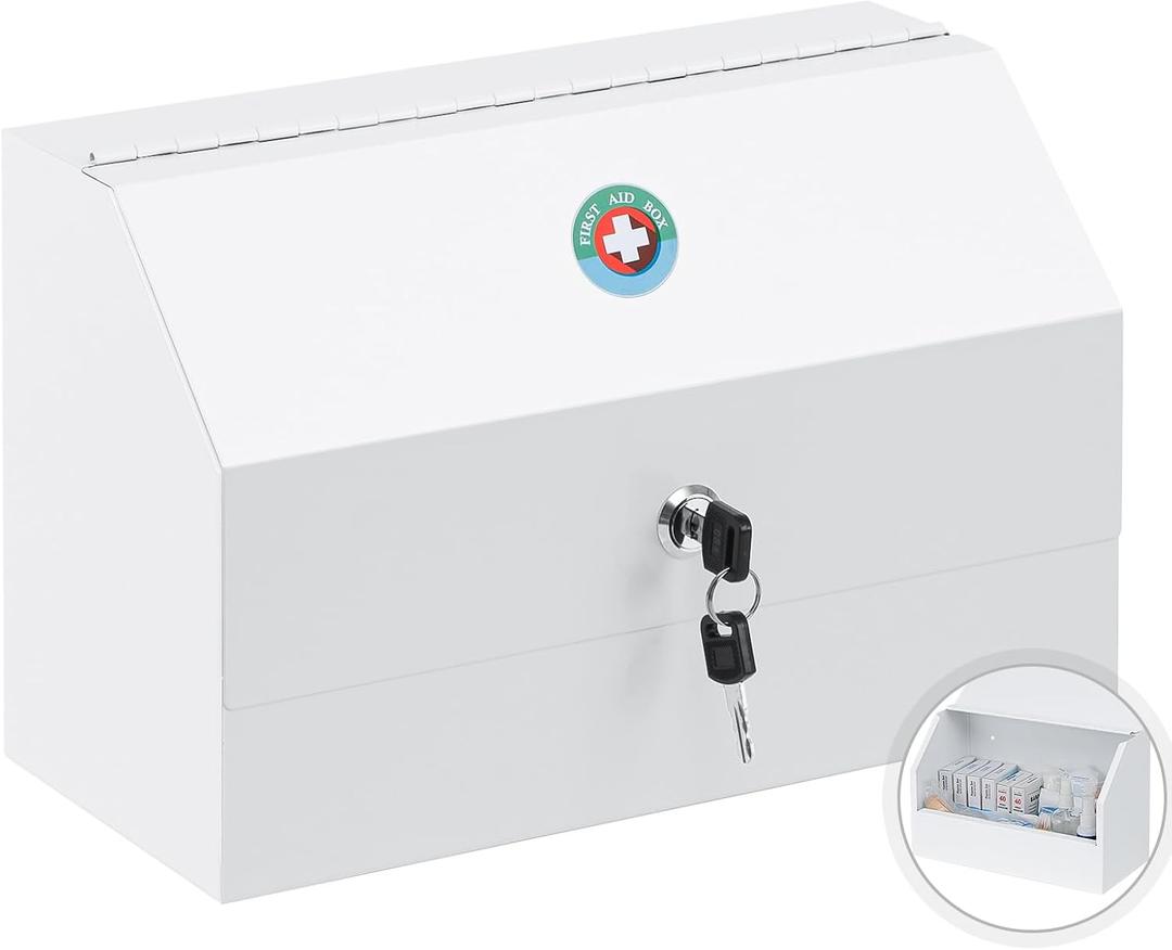 KYODOLED Wall Mount Medicine Lock Box, Drug Cabinet with Key, Large Capacity Secure Steel Prescription, First Aid Kit for Emergencies Home and School use, White, 12.2 * 5.9 * 7.87 inch