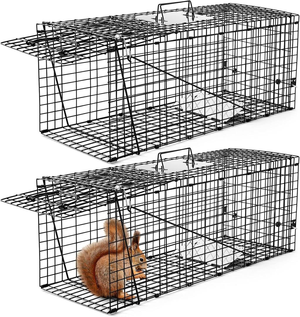 Qualirey 2 Pack Live Animal Trap Cage 17 x 7.09 x 8.27 Inch Cat Trap Cage, Foldable Steel Humane Catch and Release Animal for Groundhog Squirrel Raccoon Mole Gopher (Black)