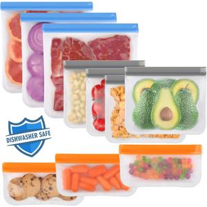 Lerine 10 Pack Dishwasher Safe Reusable Bags, Leakproof Reusable Freezer Bags, BPA Free Food Storage Bags for Marinate Food Travel - 3 Gallon 4 Sandwich 3 Snack (Multicolor)