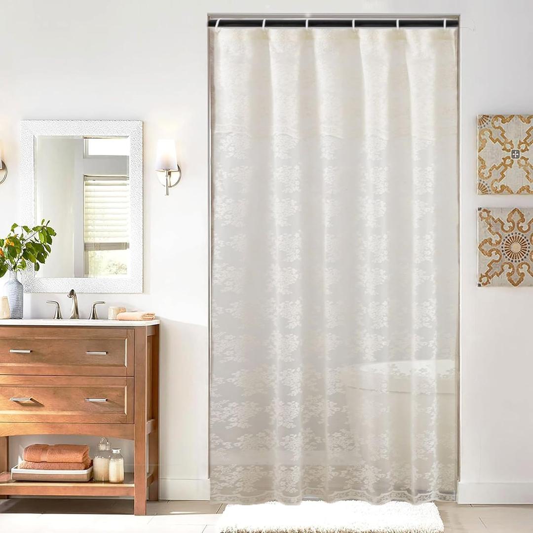 TUDECO Small Stall Shower Curtain 36 x 72 Inch - Vintage Half Size Floral Lace Cream Shower Curtain Doorway Curtains, Scalloped Edges & Attached Valance, Reinforced Holes, Ivory/Cream