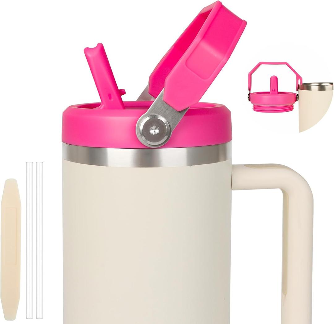 40oz Lid for Stanley Cup, Flip Straw Leak Proof Lids Replacement with Handle for 40oz Stanley Quencher and ProTour, No Spill Lids Reusable Removable Replacement Accessories for StanleyCup, (Rose*1)