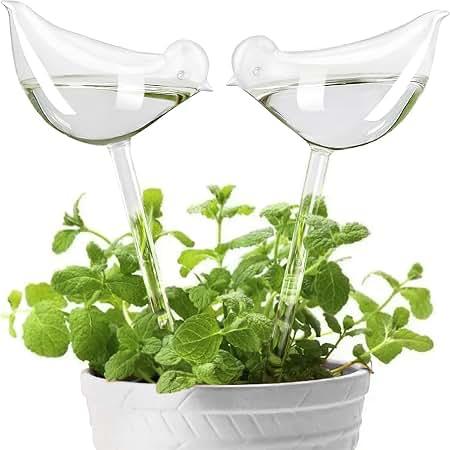 KiKiHeim Plant Watering Globes Self Watering Planter Insert Spikes Drip Devices, Clear Glass Automatic Water Bulbs for Outdoor&Indoor Plants, 2 Birds