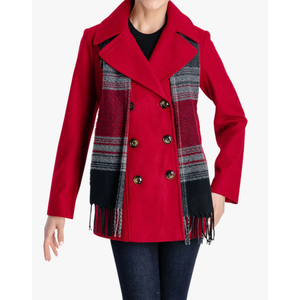 London Fog Women's Double Breasted Peacoat with Scarf, Red, Small