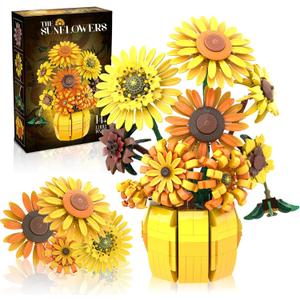 Flowers Building Sets for Adults, Van Gogh Prints Art Botanical Collection for Woman Girls 14+, Sunflowers Pot Bouquet Plants Kits Compatible with Lego Flowers, Home Decor