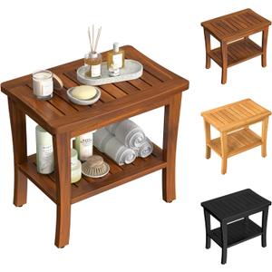 Large Teak Wood Shower Bench Stool with Storage Shelf Wooden Teak Bench for Shower Seat Chair for Inside Shower Waterproof Teakwood Shower Bench Bathroom Spa Bathing Shower Stool with Non-Slip Feet (20"W  13.5"D  18.5"H, Brown)