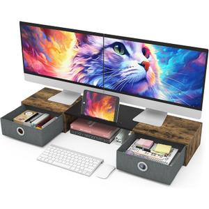 WESTREE Dual Monitor Stand Riser with Two Drawers, Extra Large Storage for 2 Monitors, Desktop Oraganizer Computer,Laptop,Screen,Printer,TV (Rustic Brown)