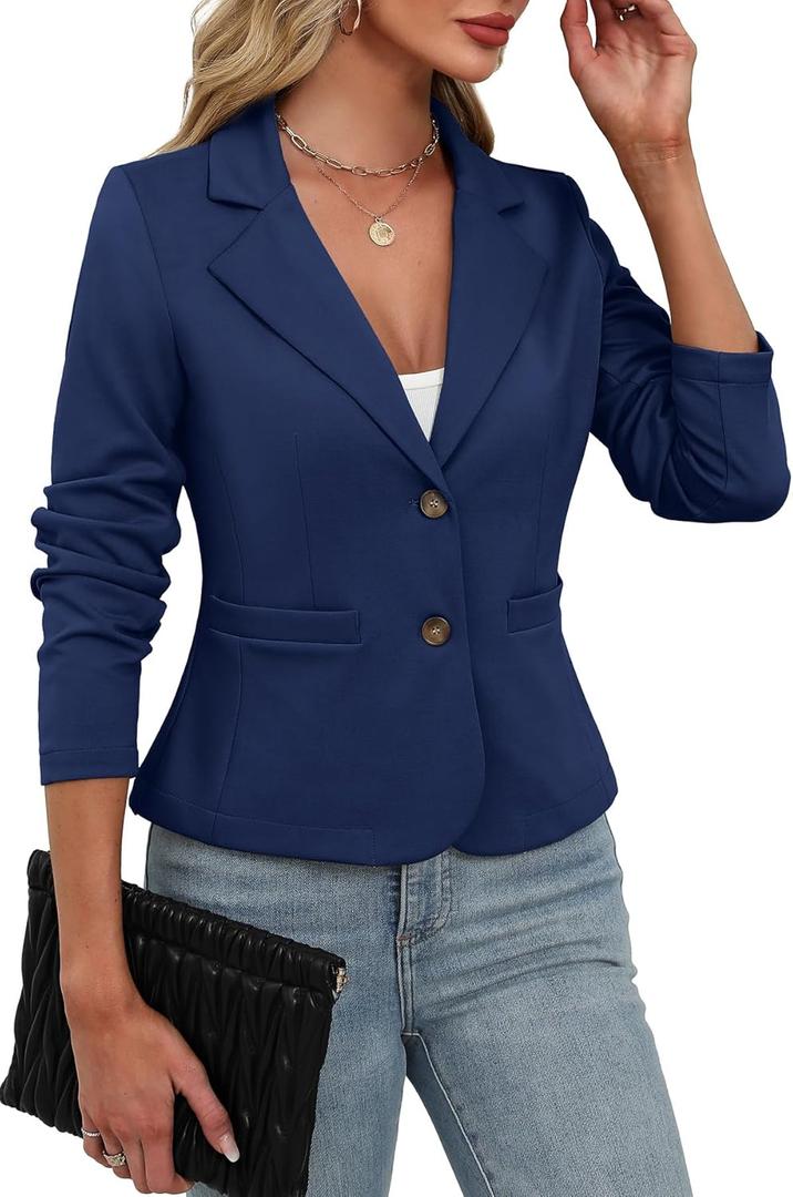 ELLEVEN Women's Casual Stretchy Knit Blazer,Lightweight Slim Fit Jackets Long Sleeve Business Suit with Pockets (Navy Blue)