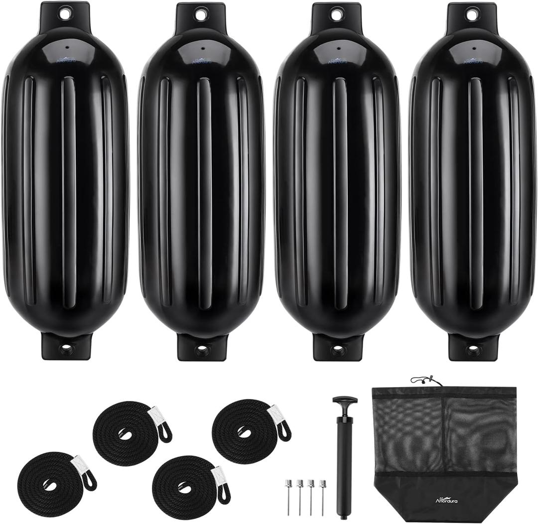 Affordura Boat Fender 4 Pack Boat Bumpers Fenders with 4 Ropes, Boat Bumpers for Pontoon Boat Fenders Inflatable (10 inch, Black)