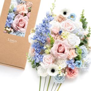 Ling's moment Fake Flowers Box, Faux Artificial Greenery Stems Foam Roses Poppy Gardenia Silk Hydrangea Peony Fabic Flower for Centerpieces Bouquet Wedding Floral Vase, English Pastel, Deluxe Combo