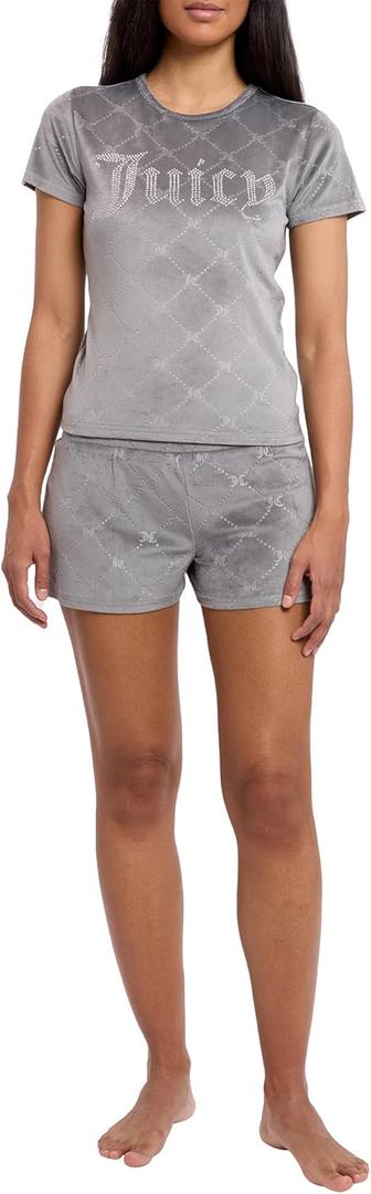 Juicy Couture Women's 2 Piece Velvet Fleece Short Sleeve Shirt and Pajama Shorts Lounge Sleepwear Set (Medium, Grey Jc Embossed)