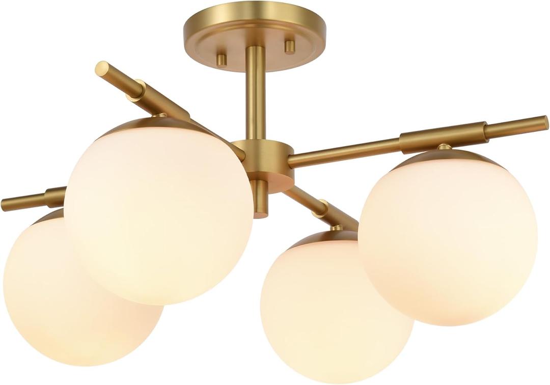 4 Light Semi Flush Mount Ceiling Light Fixture Aged Brass Light Fixture with Globe Milk Glass Shade for Bedroom, Living Room, Dinning Room, Foyer Hallway Corridor Laundry Room Bar