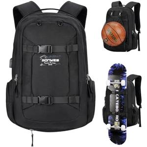 Ronyes Skateboard Backpack, Skateboard Bag,17.3 Inch Laptop Backpack with USB Charging Port, Basketball Longboard Backpack for Sports Travel Black