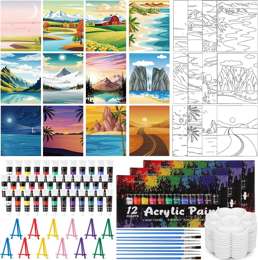 Sherr 108 Pcs 12 Set Landscape Sip and Paint Kit for Adults 8''x10'' Pre Drawn Canvas to Paint DIY Acrylic Painting Kit Pre Printed Canvas for Date Night Easter Mothers Day Party Team Building