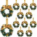 Zeyune 12 Pcs Small Christmas Wreaths for Kitchen Cabinets with Bow Ribbon Mini Cabinet Door Wreath Set Hanging Christmas Decor for Kitchen Window Outdoor Indoor, 14.96 x 7.87''(Gold Bow)