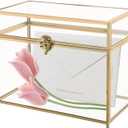 NATGAI Golden Vintage Glass Jewelry Organizer Box with Lid, Large Clear Decorative Box for Wedding Birthday Gift, Glass Card Box, Rectangle Jewelry Display Organizer Box (10 x 5.6 x 7.7 inches)