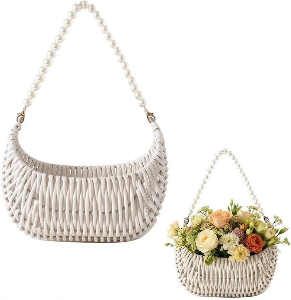 Rattan Flower Girl Basket with Pearl Handle, Rattan Half Moon Wicker Basket, Flower Girl Basket Wedding Basket for Home Wedding Decor, Photo Props, Camping