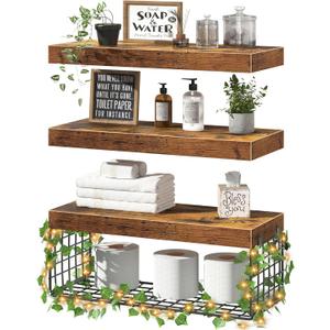 QEEIG Bathroom Floating Shelves for Wall - Shelf Over Toilet Paper Storage with Led and Leaves Farmhouse Decor Small 16 inch Set of 3, Brown (L019BN3)