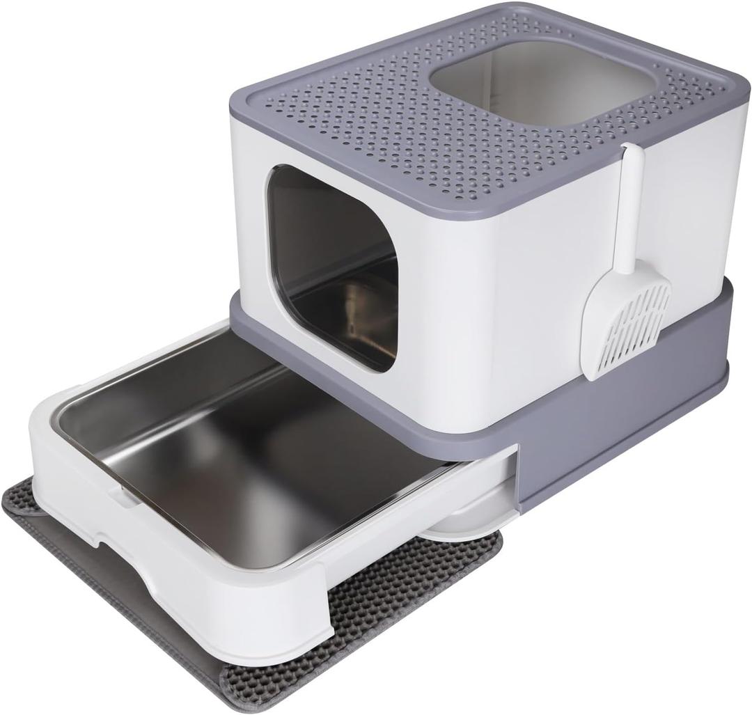 RIZZARI Stainless Steel Cat Box: Enclosed Design with High Walls - Light Gray - Teflon Non-Stick Coating - Large Anti Leakage Litter Pan for Odor Control for Living Room Garage