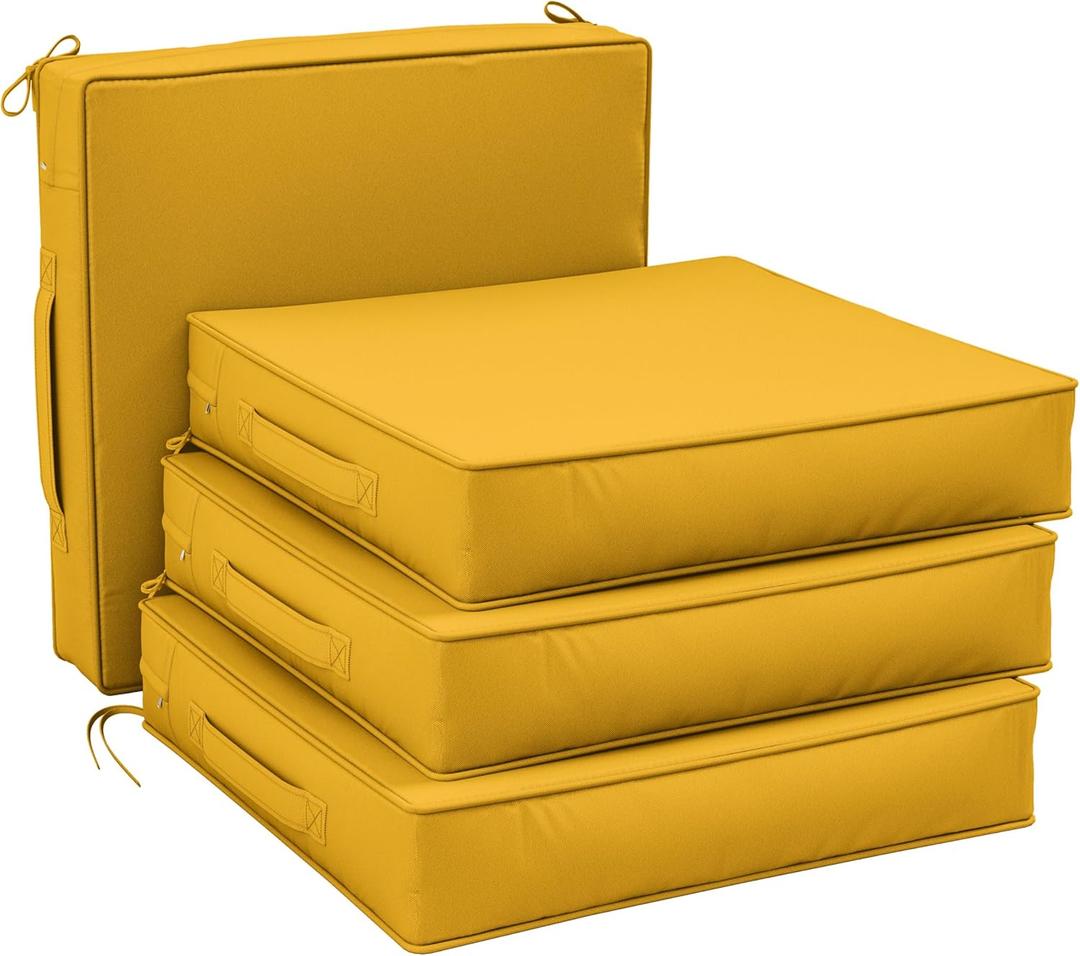 Patio Chair Cushions 22 x 22 x 4 Inch Waterproof Outdoor Seat Cushions for Patio Furniture, Outdoor Sofa Couch Pads with Ties & Handle, Set of 4, Yellow