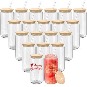 20 Pack Sublimation Glass Cans Transparent Sublimation Beer Glass Can Shaped with Bamboo Lids Borosilicate Glasses Tumbler Mason Jar Cups Mug with Straw for Beer, Juice, Soda, Iced Coffee, Drinks 16oz