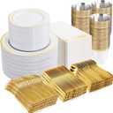 GATHER 700PCS Gold Plastic Plates - Whtie and Gold Disposable Dinnerware Sets 100Guest - 200 Disposable Plate, 300 Plastic Silverware, 100 Cups, 100 Napkins for Wedding & Party