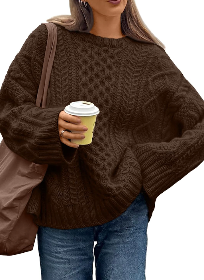 Trendy Queen Oversized Cable Knit Sweaters for Women Trendy 2025 Fall Fashion Outfits Pullover Crewneck Sweaters Tops, S