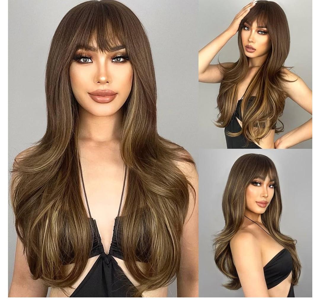 N NAYASA Brown Wigs with Bangs Long Layered Wigs for Women Brown Mixed Blonde Synthetic Wig Heat Resistant Natural Looking Wigs for Daily Party Use (8 x 5 x 2 inches)