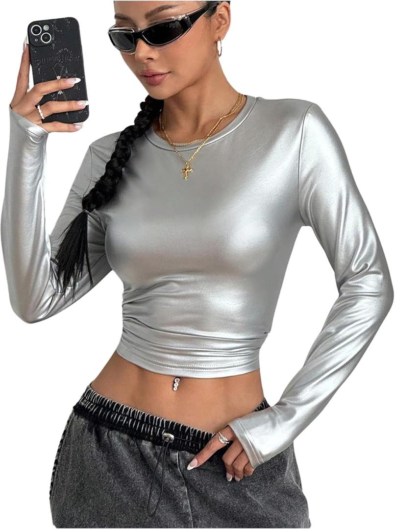 OYOANGLE Women's Metallic Long Sleeve T Shirt Crew Neck Fitted Tee Tops Y2K Going Out Tops (S)