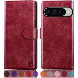 SUANPOT Compatible with Google Pixel 10/10 Pro 6.3" Wallet case with RFID Blocking Credit Card Holder,Flip Book PU Leather Protective Cover Women Men for Pixel 10 Phone case Red