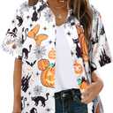 2 x Womens Halloween Hawaiian Shirt Cute Pumpkin Spooky Castle Graphic Tee Magical Halloween Short Sleeve Button Up Tops (M)