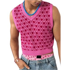 BEAUDRM Men's Heart Graphic Printed Sleeveless V Neck Sweater Vests Cropped Knit Tank Tops Pink Large (Pink, L)