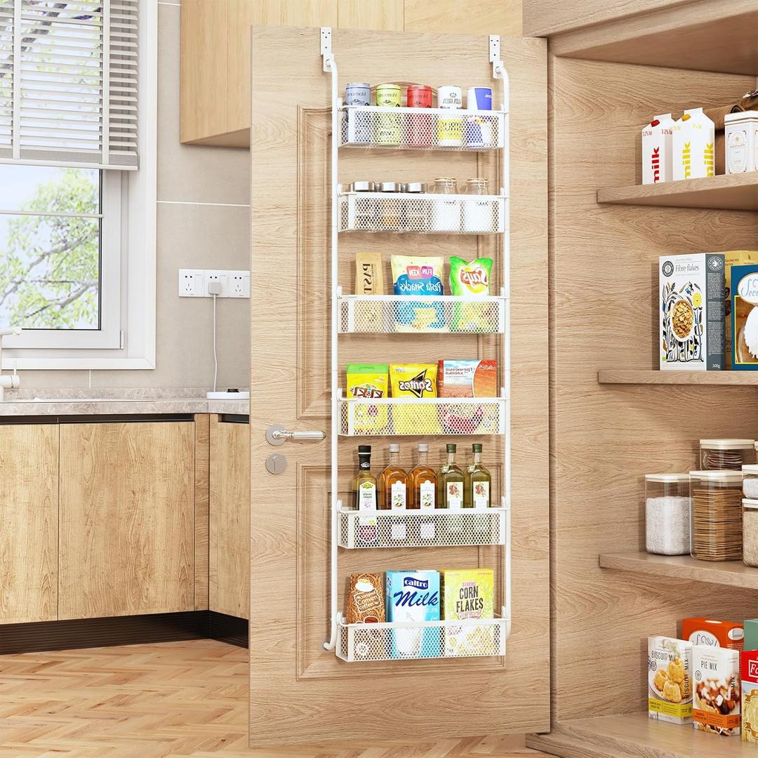 Over the Door Pantry Organizer, 6-Tier Pantry Door Organization and Storage, Over the Door Spice Rack, Home & Kitchen Storage Shelves for Cabinet, White