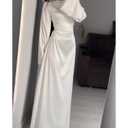xxxiticat Women's Slip Satin Long Dress Long Sleeve Round Neck Back Lace Up Bandage Tie Wedding Party Maxi Dresses(WH,2XL) White