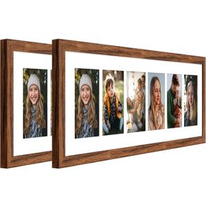 8x26 Collage Frame with 6 Openings 4X6 Pictures, Multiple Picture Frame with Mat, Wall or Tabletop Decor, Carbonized Brown Wood Grain, 2 Pack