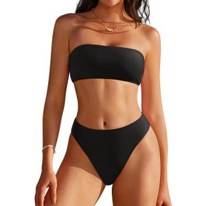 SUUKSESS Women Sexy High Waisted Bandeau Bikini Set Cheeky High Cut Two Piece Swimsuit Strapless Reversible Bathing Suit (Black/ White, XL)