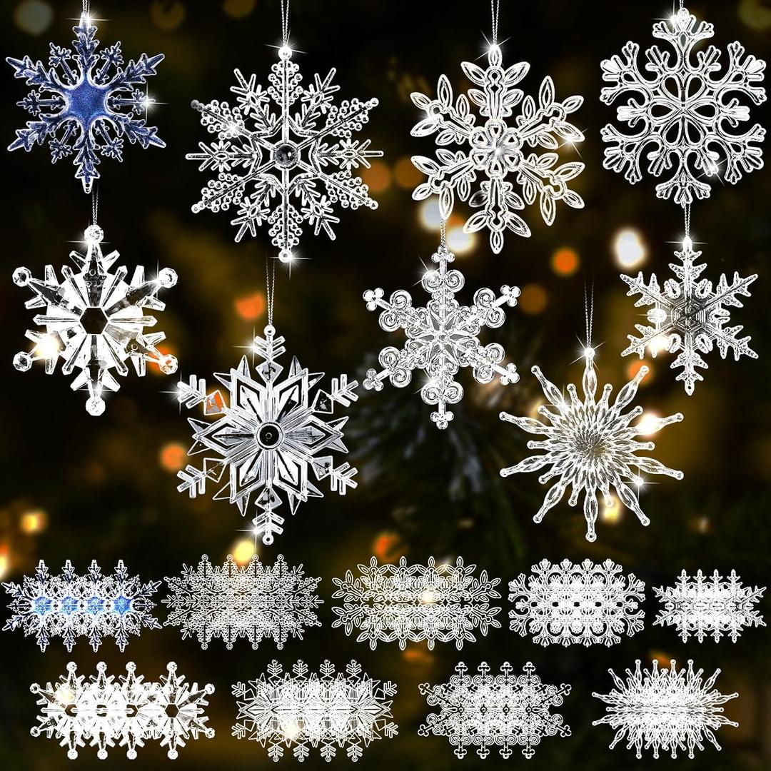 Sumind 36 Pcs Large Acrylic Crystal Christmas Snowflakes Ornaments for Tree Clear Icicle Drop Hanging Snowflakes for Christmas Tree Winter Party Window Decorations Wonderland Party (A Style)