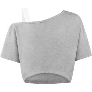 Girls Off The Shoulder Tops Asymmetrical Short Sleeve Crop Top Cute Summer Tee Shirts (9-10 Years, Grey)