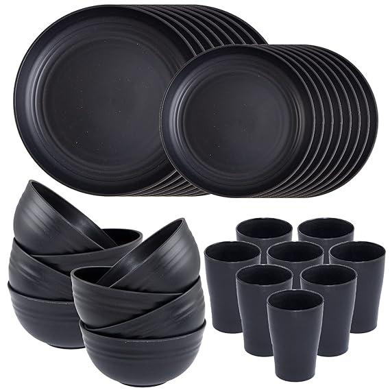 Supernal Wheat Straw Dinnerware Sets,Plates and Bowls Set, Dish Sets for 8, Unbreakable Plate for 8 Dishwasher Safe,Reusable Dinnerware Black16pcs Plates, 8pcs Bowls, 8pcs Cups.