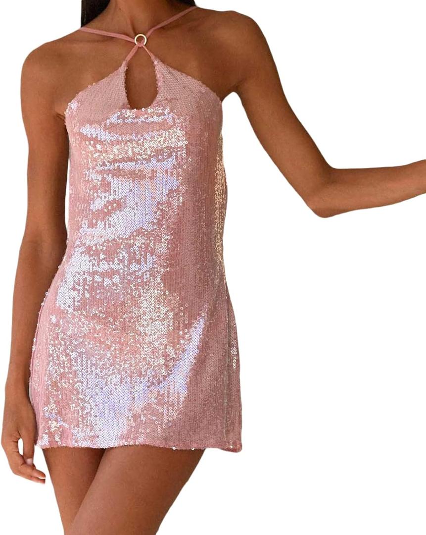 Women Sequin Halter Bodycon Mini Dress Sexy Sleeveless Cut Out Glitter Dress Backless Party Night Out Clubwear (Small, Pink)