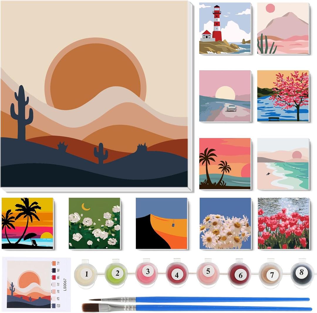 Nezyo 12 Sets Paint by Numbers Kit with Frame for Adult Beginners, Paint by Number DIY Acrylic Painting Canvas for Painting Party, Classroom Activity Birthday Gift, 8 x 8 Inch