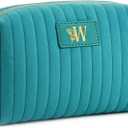 Monogrammed Make Up Bags for Women,Personalized Cosmetic Bags Women,Small Quilted Makeup Pouch,Cute Makeup Bag Travel,Birthday Gifts for Teen Girl (Blue W)