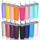 16 Packs Skinny Tumblers Bulk 20 oz Stainless Steel Double Wall Vacuum Insulated Tumbler Slim Water Cups with Lid and Straw for Travel DIY Hot Cold Drink, 16 Colors, Cup Tube 8