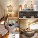 Modern Farmhouse Chandelier Light Fixtures, 4-Light Rattan Pendant Lighting with Bulbs, Boho Black Metal Geometry Chandeliers for Dining Room, Kitchen Island, Entryway Foyer